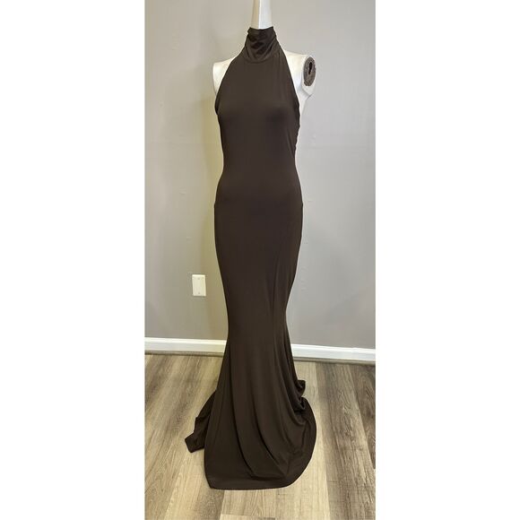 NWT Norma Kamali Halter Turtle Fishtail Gown in Chocolate Size XXS $195 - Picture 9 of 10
